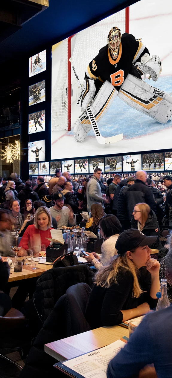 Large group of people watching a hockey game on a large screen inside of banners
