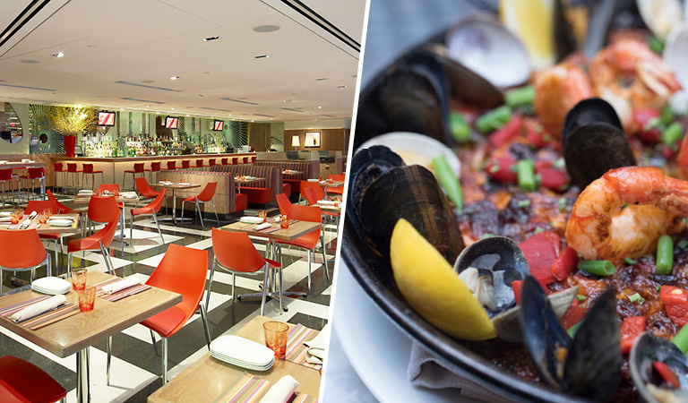La Fonda del Sol dining area and seafood entrée| Private Event Space in Midtown NYC
