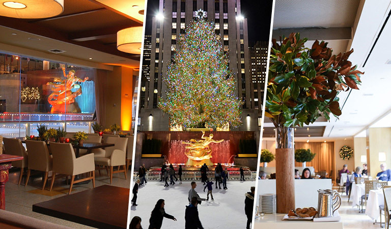 Rockefeller Center dining areas and Rockefeller Center Christmas Tree in NYC