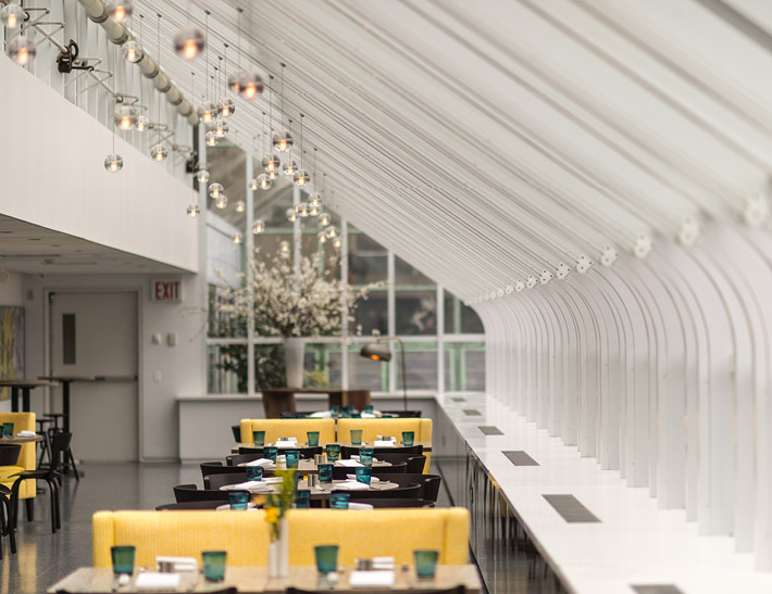 Dining area inside Yellow Magnolia Café inside Brooklyn Botanic Garden