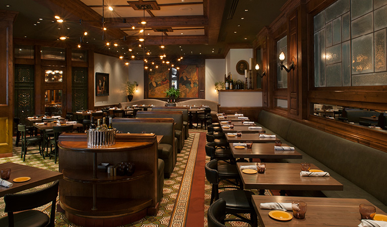 Dining area inside Kendall's Brasserie in Los Angeles