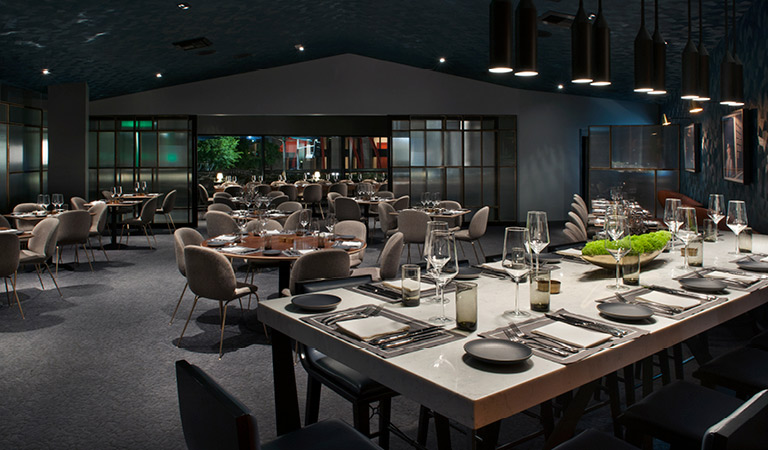 Dining area inside Nick + Stef's Steakhouse in Los Angeles